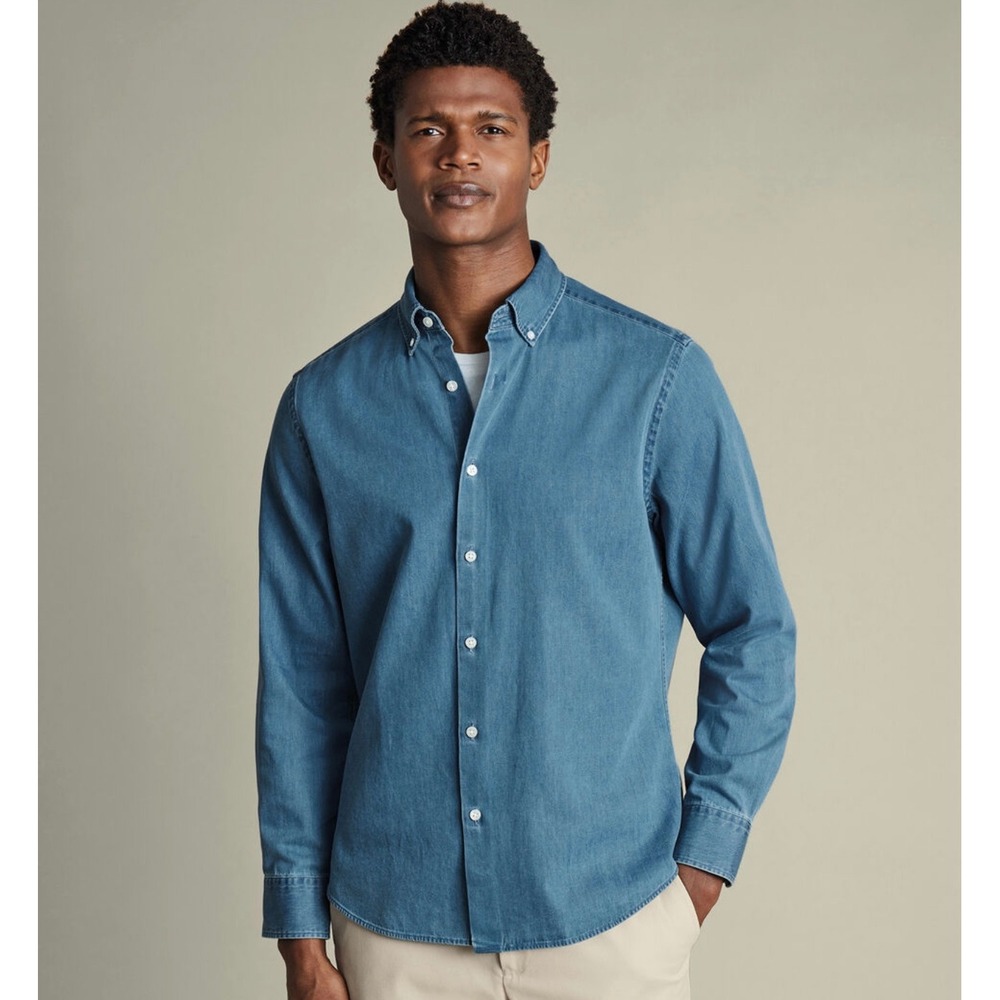 Charles Tyrwhitt Ocean Blue Denim Classic Fit Button Down Shirt Mens XXL New‎
